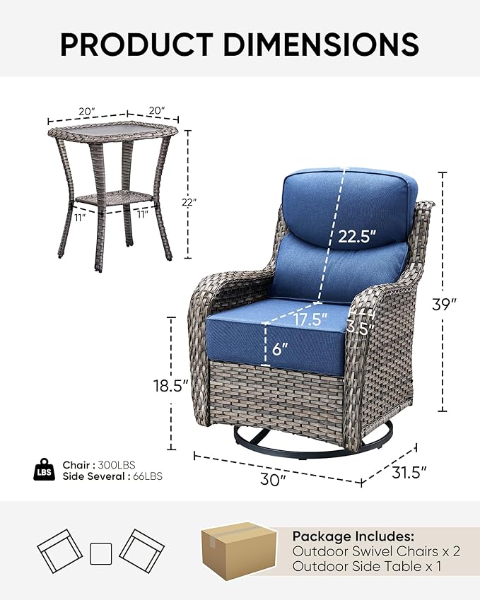 HUMMUH Outdoor Patio Wicker Swivel Rocker Chairs with 6-Inch Thick Cushion High Back 3 PCS Wicker Conversation Set for Porch Balcony Deck