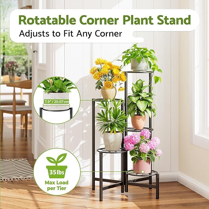 NQW Plant Stand 5 Tier Indoor Metal Flower Shelf for Multiple Plants Corner Tall Flower Holders for Patio Garden Living Room Balcony Bedroom Black Diamond