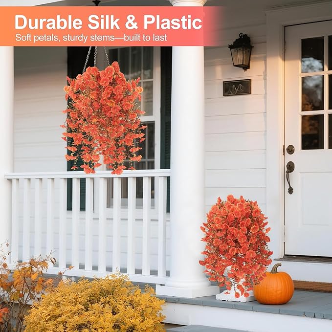 Fall Decor Artificial Flowers for Outdoor Decoration, 4Pcs Fake Hanging Flowers Morning Glory UV & Fading Resistant, Artificial Faux Plants for Home Patio Yard Garden Farmhouse Halloween