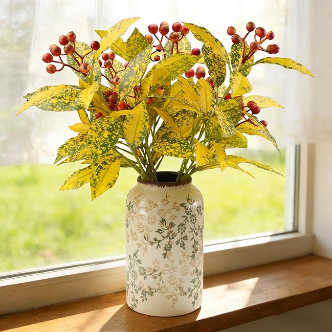 3 Pcs Artificial Autumn Plants, 18" Faux Greenery Fall Leaves Branches for Vase Fake Red Berry Plants Stems Indoor for Table Fireplace Cabinet Livingroom Kitchen Festivals Home Decor (Late Autumn)