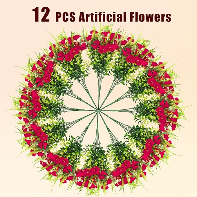 HIAGROW Artificial Flowers Outdoors 12 Bundles Artificial Petunias Fake Flowers UV Resistant Shrubs Plants with Fern for Indoor Outside Hanging Planters Home Garden Summer Decorations(Rose Red)