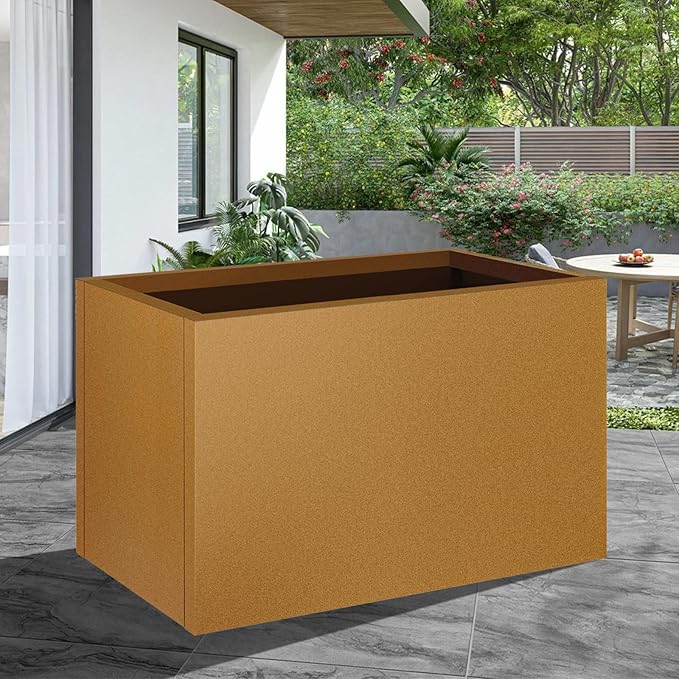 Meyoppm Corten Steel Planter Box 32"x16"x16", Rustic Metal Planter with Partitions & Drainage Holes, Frost Rust Resistant Heavy Duty Planter for Patio Garden Indoor Outdoor Commercial Decor