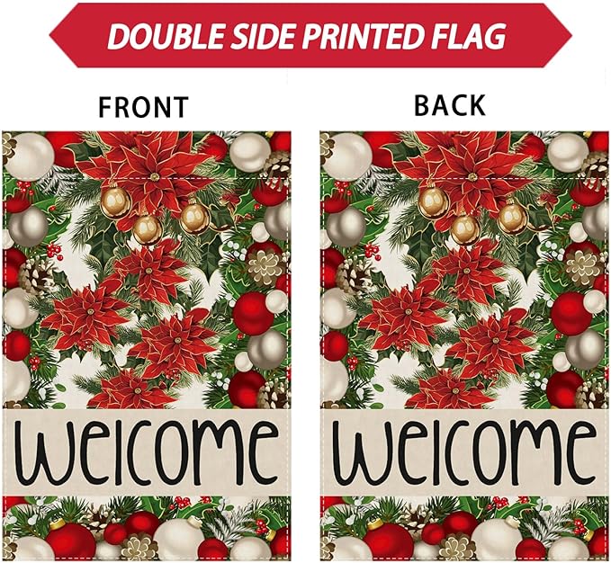 Welcome Christmas Bells Poinsettias Pine Trees Xmas Winter House Flag Large 28X40 Inch Big Vertical Double Sided Yard Outdoor Outside Holiday Decoration