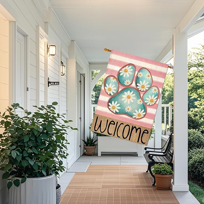 Welcome Spring House Flags for Outdoor Decoration, Dog Paw with Daisy Flowers Stripes Large Yard Flag, Decorative Summer Celebration Decor for Seasonal Farmhouse Holiday Outside 28x40 Inch