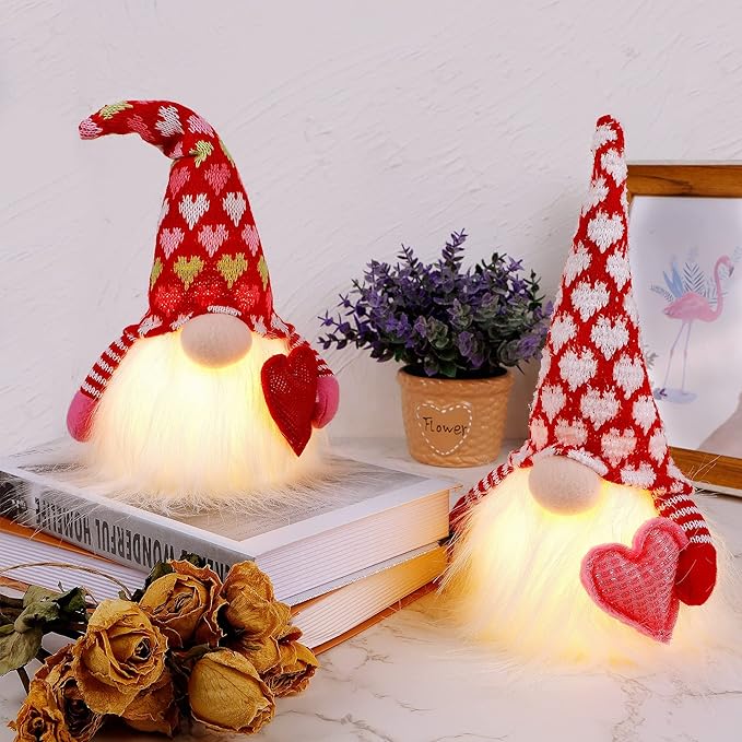 Juegoal 2 Pack Lighted Valentines Gnomes Decorations, Handmade Mini Scandinavian Swedish Tomte, Light Up Elf Holiday, Battery Operated Valentine Gift Tabletop Ornament