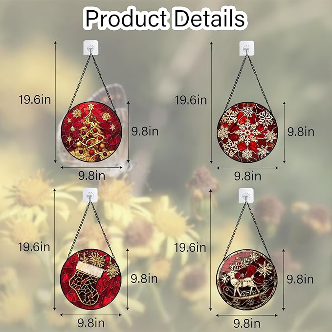 DASTOLL Stained Glass Window Hanging 4 Pcs Set Red Christmas Elk Snowflakes 9.8" - Deer Suncatcher Door Garden Sun Catcher Decor Birthday for Mom Woman Nana Men Friend