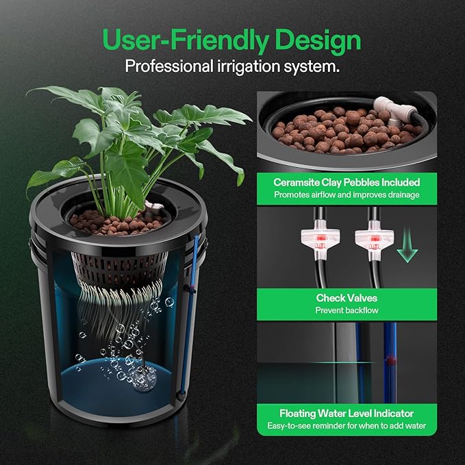 VIVOSUN DWC Hydroponics Grow System with Top Drip Kit, 5-Gallon Deep Water Culture, Recirculating Drip Garden System with Multi-Purpose Air Hose, Air Pump, and Air Stone (2 Buckets + Top Drip Kit)