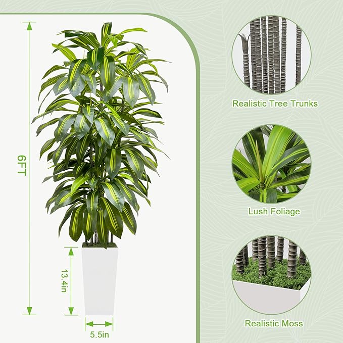 6FT Fake Tall Plant Artificial Dracaena Tree Indoor Faux Plants Indoor Luxury Fake Plants for Living Room Decor Artificial Tree Floor Plant White Planter