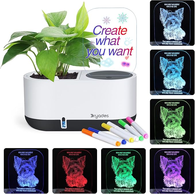 DRYADES Self-Watering Plant Pot with LED Note Board & 7 Colors Pen, Led Acrylic Message Board with Plant Pot,Dog Board Night Light with Planting Pot for Christmas/Thanksgiving/Gifts(No Plant&Seed)