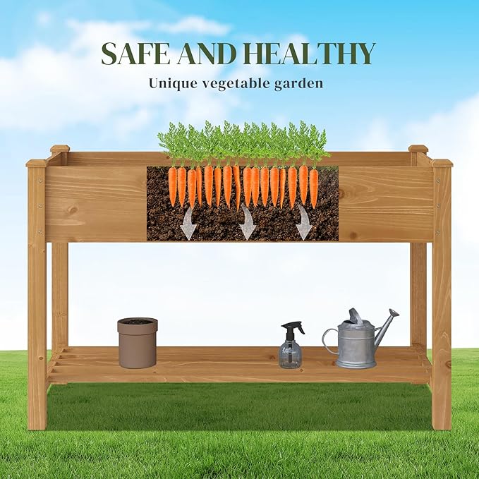 Wooden Raised Garden Bed, Planter Box with Legs, Garden Planter with Divider Bag for Backyard, Patio, Balcony, Planter Stand Box for Herbs and Vegetables (Brown-M)