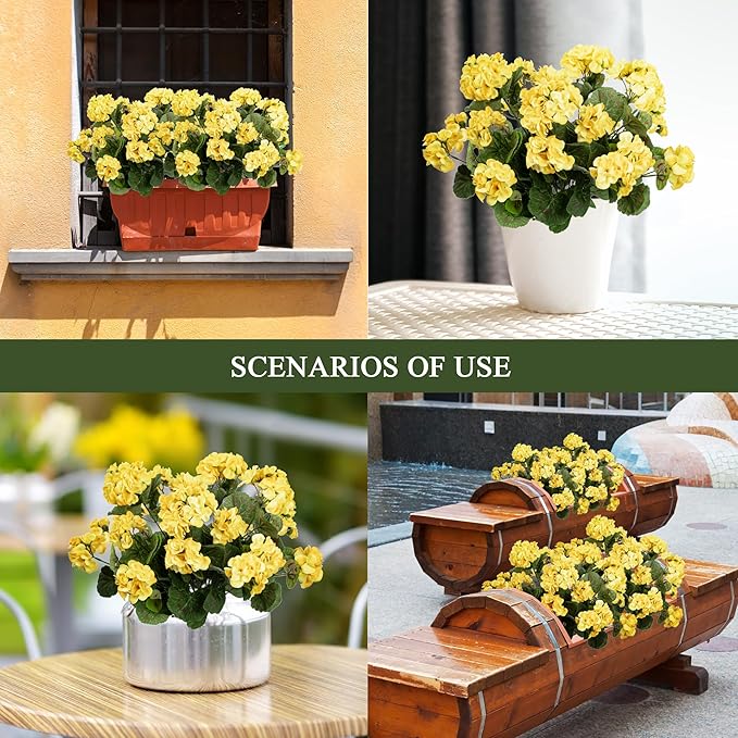 Uqueeten 4PCS Fake Flower Artificial Geranium,Artificial Flowers for Outdoors, Geraniums Artificial Flowers Realistic,Artificial Geraniums for Outdoors Fake Plant Decoration((Yellow) 14.4"