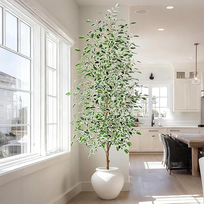 8FT Artificial Ficus Trees Indoor Faux Trees Indoor Fake Floor Plants Tall Artificial Tree with White Pot Faux Tree Fake Indoor Tree Silk Plants Artificial Trees for Home Decor Indoor