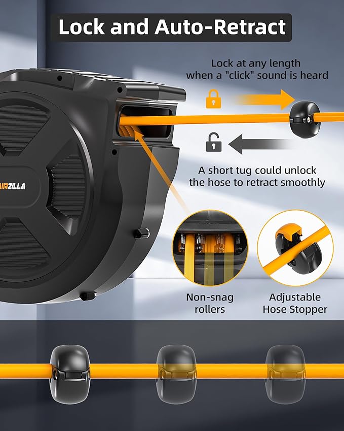 Retractable Air Hose Reel, 3/8" x 80Ft Flex Hybrid Air Hose Max 300PSI Kink-resistant Air Compressor Hose Reel Auto Rewind with 6Ft Lead in, Quick Connect, 180° Swivel Mounting Kit.