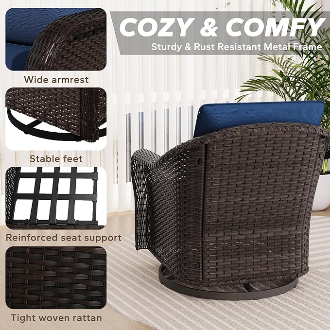 5 PCS Outdoor Conversation Set | 78" Couch, 2 Swivel Chairs, 2 Ottomans, Patio Wicker Conversation Furniture with Removable Cushions for Bistro, Deck, Sunroom (Navy Blue)