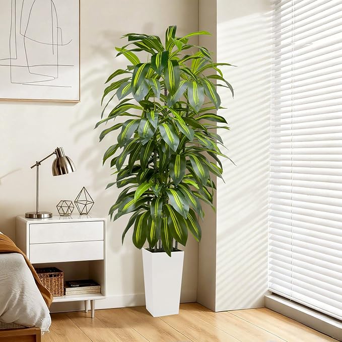 6FT Fake Tall Plant Artificial Dracaena Tree Indoor Faux Plants Indoor Luxury Fake Plants for Living Room Decor Artificial Tree Floor Plant White Planter
