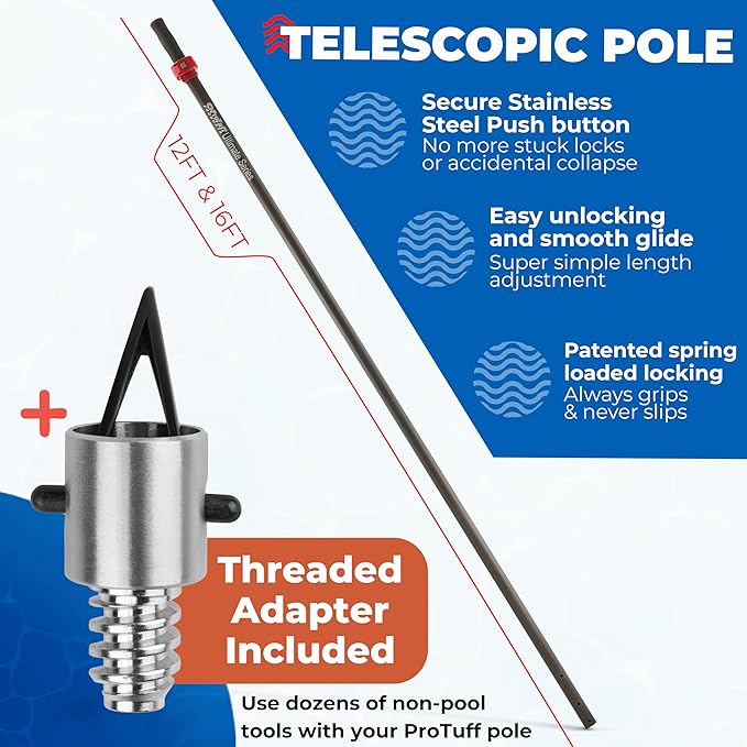 ProTuff 12ft Heavy Duty Telescopic Pool Pole – Unconditional Lifetime Replacement - Instant & Reliable Extension - Universal Fit for Nets, Skimmers, Brushes & Vacuums - Anti-Slip, Comfort Grip