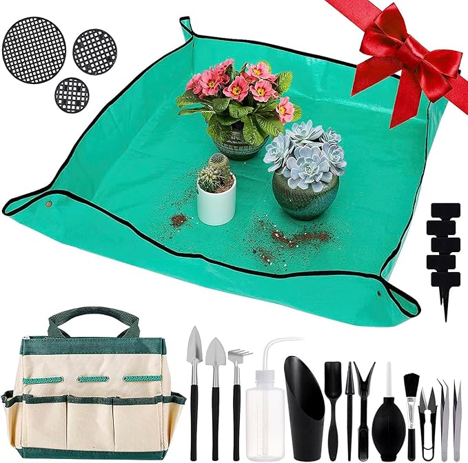 44pcs Small Gardening Tools Gifts for Women Beginners - Garden Hand Tools Set for Indoor Succulent Bonsai Plants Transplanting, Included Bag/Repotting Mat/Shovel/Labels, Green