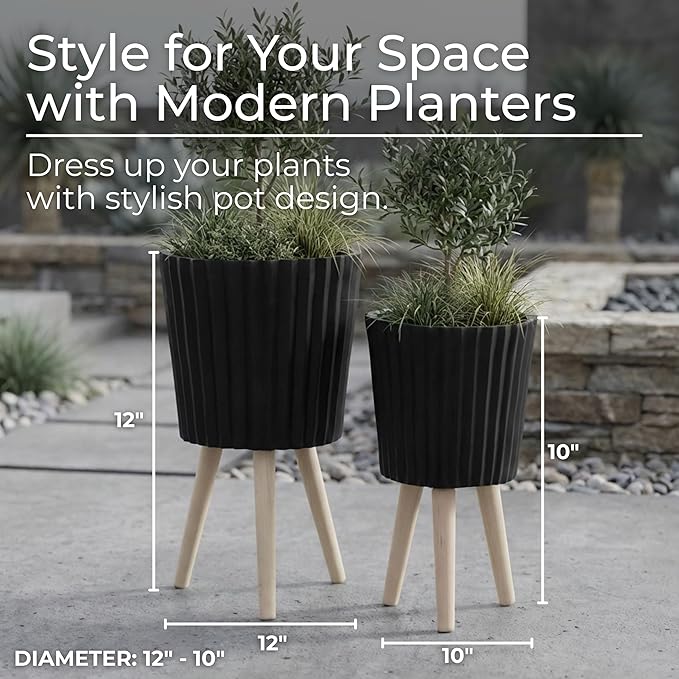 Set of 2 Resin & Magnesia Planter Set with Wood Stands – Plant Stand Indoor Outdoor, Living Room or Patio – Modern Raised Design, Accent Planters for Stylish Spaces, Home Decor – 12" & 10", Black