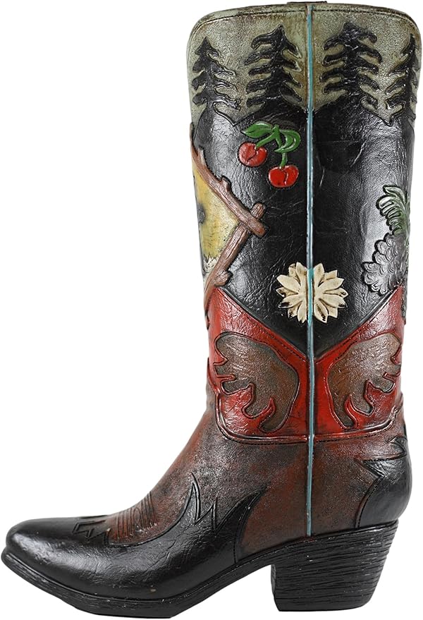Ebros Rustic Southwestern Black Bear Country with Pine Trees and Cherries Forest Cowboy Cowgirl Boot Decorative Figurine Or Floral Vase Planter Tooled Leather Finish Table Shelf Countertop Accent