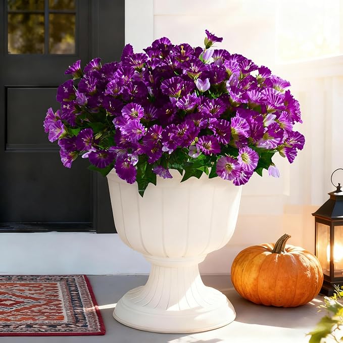 Artificial Morning Glory Flowers Plants for Outdoor 8 Pcs Faux Silk Petunias Flower Realistic Faux Flowers Plants for Outside Planter Porch Yard Patio Balcony Home Indoor Decor (8 Pcs Purple+Purple)