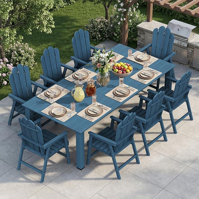 9-Piece Patio Dining Set for 8, Large HDPE All-Weather Outdoor Furniture with Umbrella Hole Table, 89.76” Oversized Table, 8 Armchairs, Navy