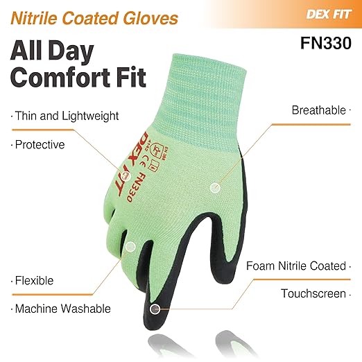 DEX FIT Nitrile Work Gloves FN330, 1 Pair, 3D-Comfort Stretchy Fit, Firm Grip, Thin & Lightweight, Touch-Screen Compatible, Durable, Breathable & Cool, Machine Washable; Green XS (6)