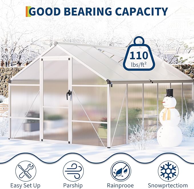 8 X 12 FT Greenhouse, Outdoor Greenhouses, Polycarbonate Panels with Aluminum Frame, Adjustable Roof Vent and Lockable Door, Green Houses for Outside Backyard, Garden, Patio
