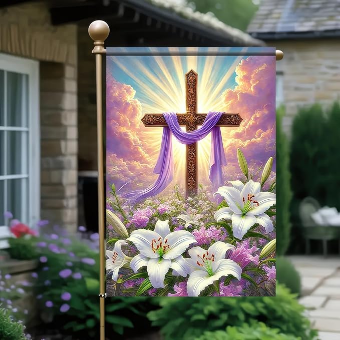 Happy Easter Garden Flag 12x18 Inch Double Sided Outside Easter He Is Risen Yard Flag Seasonal Easter Cross Yard Outdoor Decoration Religion Easter Spring Outdoor Outside Decoration