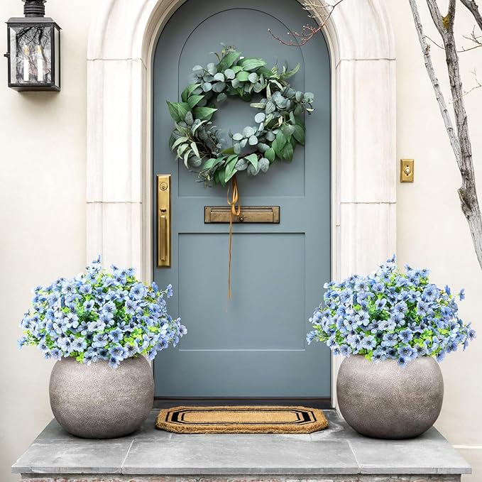ATTGREAT Artificial Flowers Outdoor Faux Plants UV Resistant Fake Patio Flowers Plastic Greenery Plnats Outside Bulk for Spring Garden Hanging Planter Home Vase Decor, 12 Bundles (Blue)