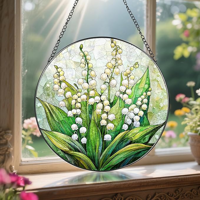 LAOWEIKI 8'' Lily of the Valley Sun Catcher Ornament, Stained Glass Window Hanging, Suncatchers for Windows Hanging Ornaments, Window Decor | Flower Lover Gift, Mother's Day, Christmas, Birthday Gifts