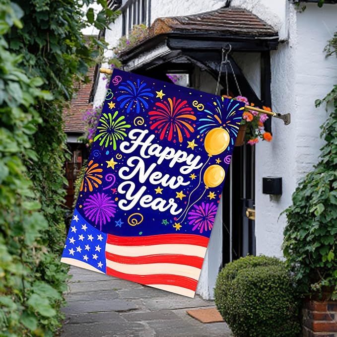 Happy New Year House Flag 28x40 Inch American Flag Fireworks and Balloons Design Garden Flag Patriotic Holiday Outdoor Yard Decoration Celebration Banner for Home Porch Lawn