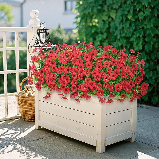 Besteek 20 Bundles Artificial Flowers for Outdoors Decoration Fake Silk Flowers UV Resistant Faux Plants Artificial Daisy Eucalyptus for Spring Summer Garden Yard Porch Window Home Decor, Red