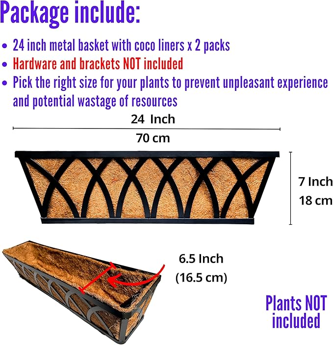 LaLaGreen Wall Planter (2 Pack, 24 Inch) Large Wall Hanging Planter Coco Liner Metal Iron Window Flower Boxes Outdoor Basket Box Attach House Outside Fence Rail Railing Plant Holder Deck Porch Balcony