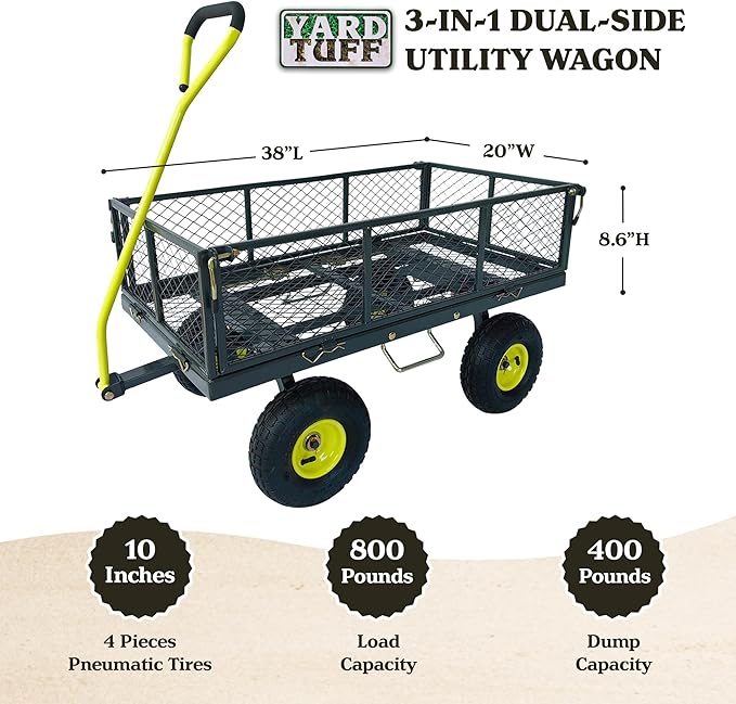 Yard Tuff 3-in-1 Dual Side Dump Wagon with Fold-Down Sides for Outdoor Garden, and Lawn with Pneumatic Tires and Heavy Duty Steel, 20 x 38 Inch
