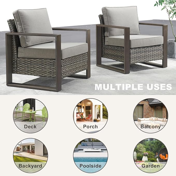 Rilyson Outdoor Wicker Patio Furniture Set - 5 Piece Patio Conversation Set with 2 Wicker Armrest Chairs,2 Rattan Ottoman, 1 Side Table, Sturdy Frame, Thick Cushions, Deep Seating(Mixed Grey/Grey)