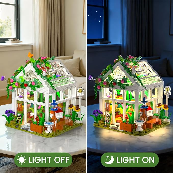 Flowers House Building Set with LED Light, Creative Garden House Buiding Toy for Home Decoration, Greenhouse Model Playset, for Adults Teens Girls Friends Ages 8+, Xmas Birthday Gift (779 Pieces)