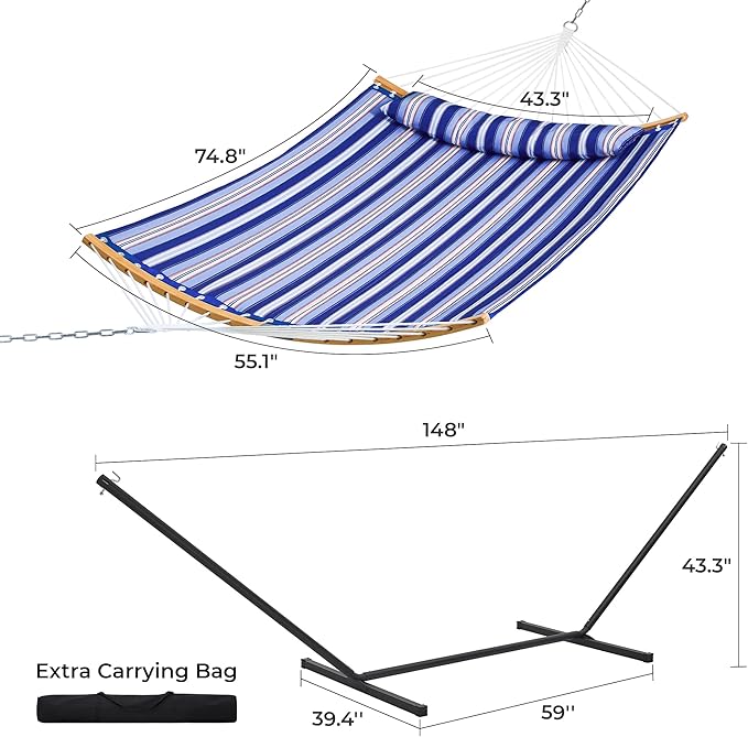 SUPERJARE Hammock with Stand, 2 Person Heavy Duty Hammock with Padded Cotton, Detachable Pillow & Strong Curved-Bar & Portable Carrying Bag, Perfect for Outdoor & Indoor, Navy Blue Stripe