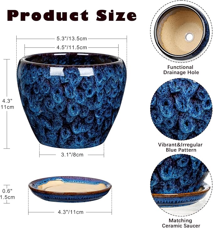 Hollyone Ceramic Planter Blue Ceramic Plant Pot for Plants Flowers 5.5 inch with Drainage Hole and Saucers Ceramic Glaze Round Flower Plant Pot for Indoor Outdoor Round Succulent Orchid Flower Pot