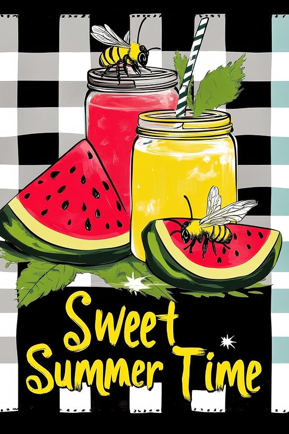 Sweet Summer Time Garden Flag Watermelon Buffalo Plaid Lemon Welcome Small Flags for Outside Double Sided Juice Seasonal Banner Farmhouse Outdoor Yard Decoration 12x18 Inch