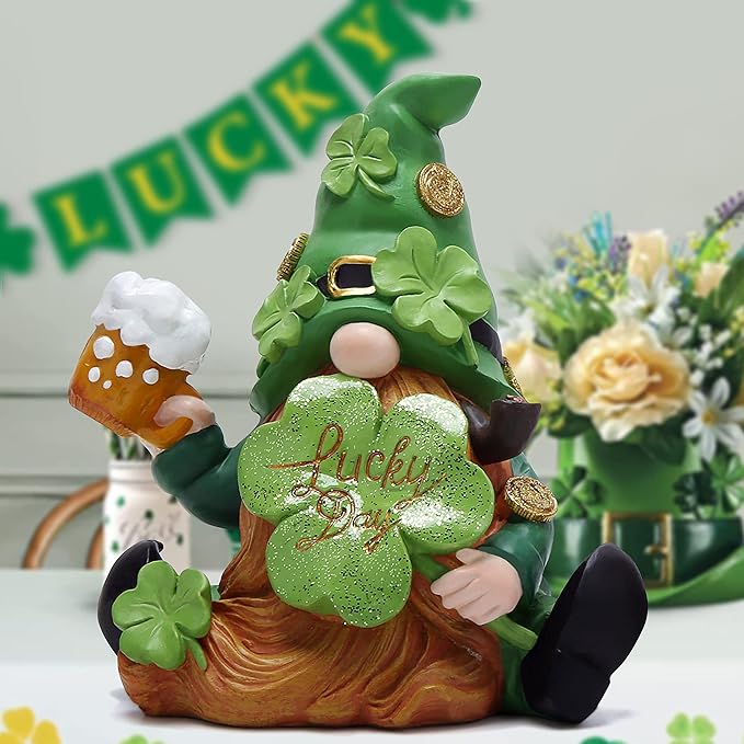 Hodao Green St Patrick‘s Day Handmade Gnome 6" H Resin Standing Figurine for Spring-Irish Gnome Elf Scandinavian Yule Nordic Figurine Home Holiday Decorations Indoor Home Decor Green Gnome (Green)