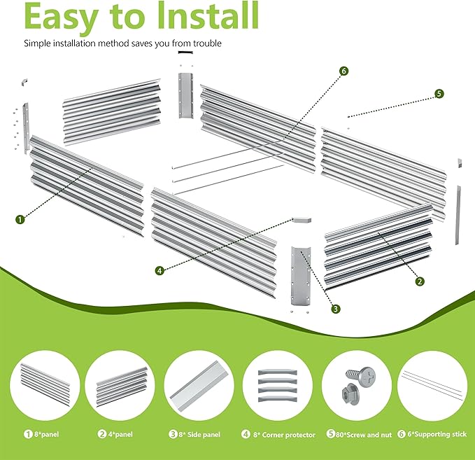 2PCS 8x2x1FT Galvanized Raised Garden Bed Kit, Galvanized Planter Raised Garden Boxes Outdoor, Large Metal Raised Garden Beds for Vegetables-Silver