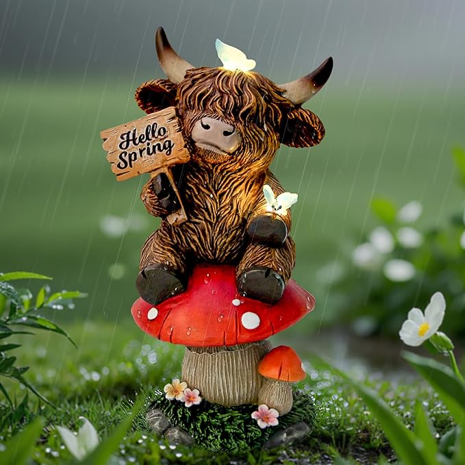 Highland Cow Garden Statue with Solar Butterfly Lights, Spring Outdoor Highland Cow on Mushroom Butterfly Decoration for Yard, Patio, Lawn, Cows Figurine Housewarming Gift for Women, Mom