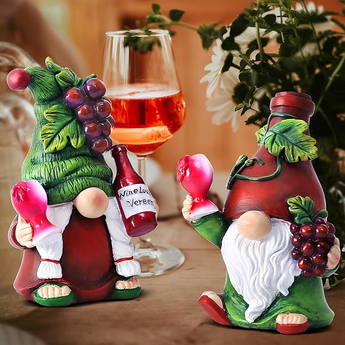 2PCS Wine Gnomes Figurines Valentines Day Decorations Home Party Wine Bar Decor Gnome Gifts for Women Collectible Statue Outdoor for Dining Tables Tiered Pallets Wine Cabinet Living Room
