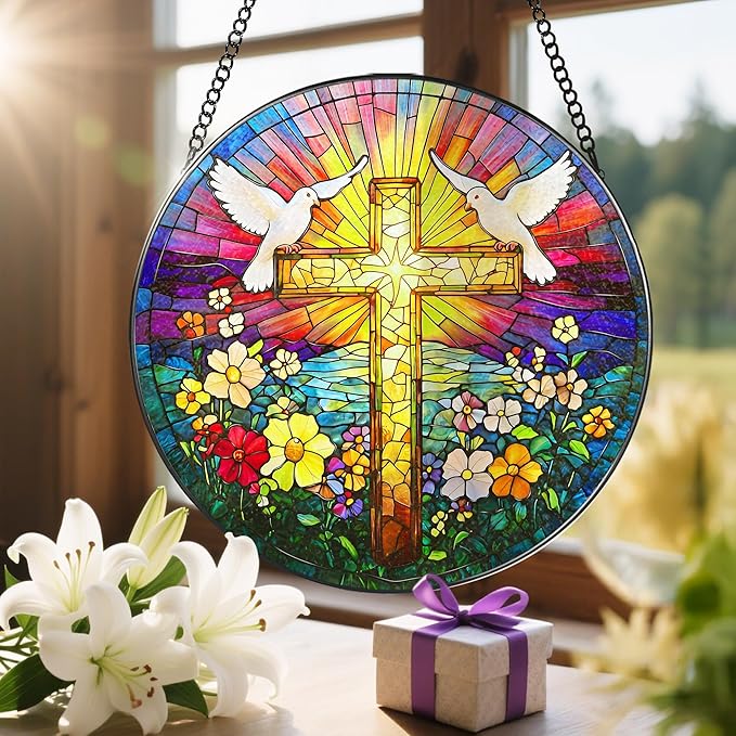 8'' Cross Stained Glass Ornament, Religious Suncatcher, Christian Window Hanging Decor, Easter Decor, Gifts for Christmas, Religious Gift, Christian Gift