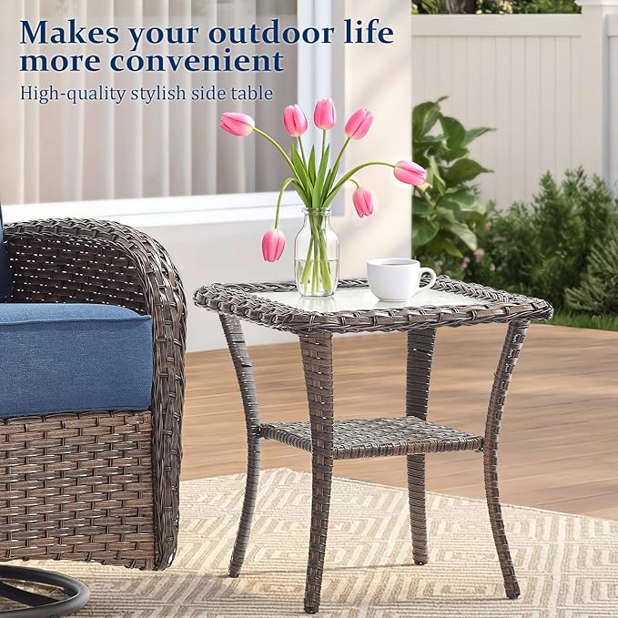 Outdoor Swivel Rocking Chair Patio Set (9pcs) High-Back - Thick Cushion Swivel Rocking Chair Patio with Fire Table Set, All-Weather Wicker Patio Furniture Set, Suitable for Balcony Patios, Brown/Blue