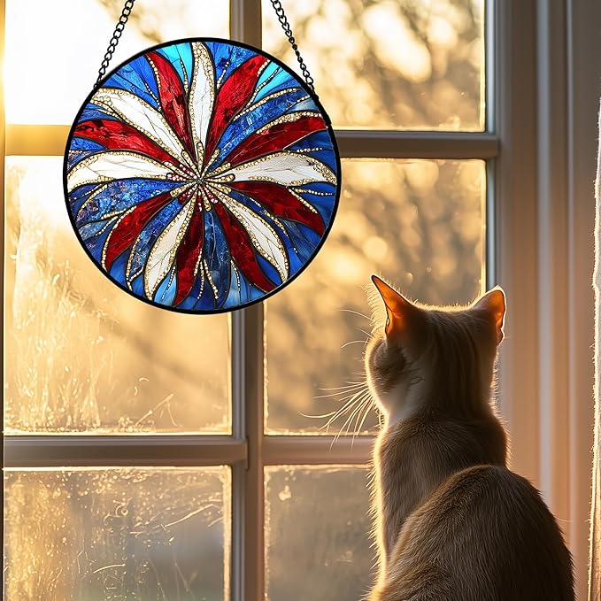 AMDERVEN Stained Glass Window Hanging 4 Pcs Set Abstract Flowers In Red White Blue Large 11.8" - Suncatcher Door Garden Sun Catcher Decor Birthday Mother's Day Xmas Gift for Mom Woman Nana Men Parents