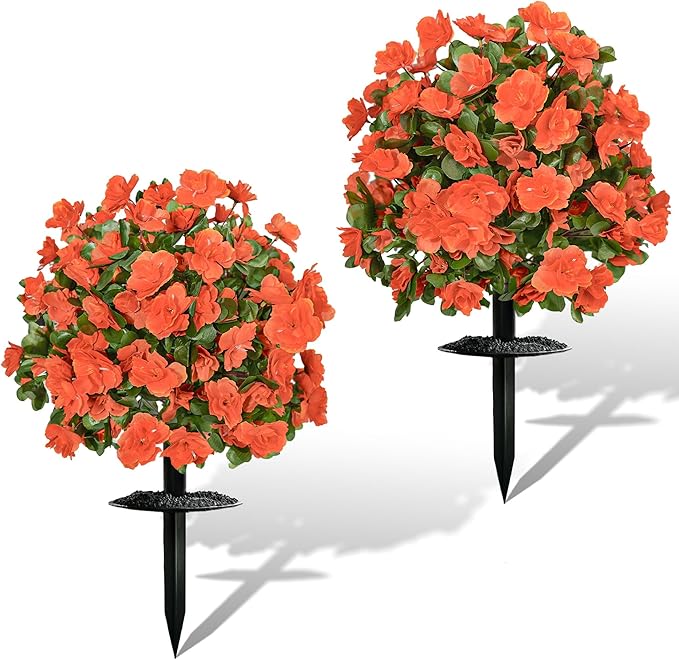 AZXVT Artificial mums for Outdoors, Faux Outdoor Plants Fake Plants Topiary Balls Artificial Outdoor Set of 2 with Ground Spike for Home Front Porch Patio Garden Decor (Orange)