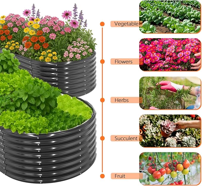 VINGLI 8x4x2ft Galvanized Raised Garden Beds, Oval Planter Boxes Outdoor, Raised Garden Bed for Gardening, Easy Assembly Planter Boxes for Vegetables (Black)
