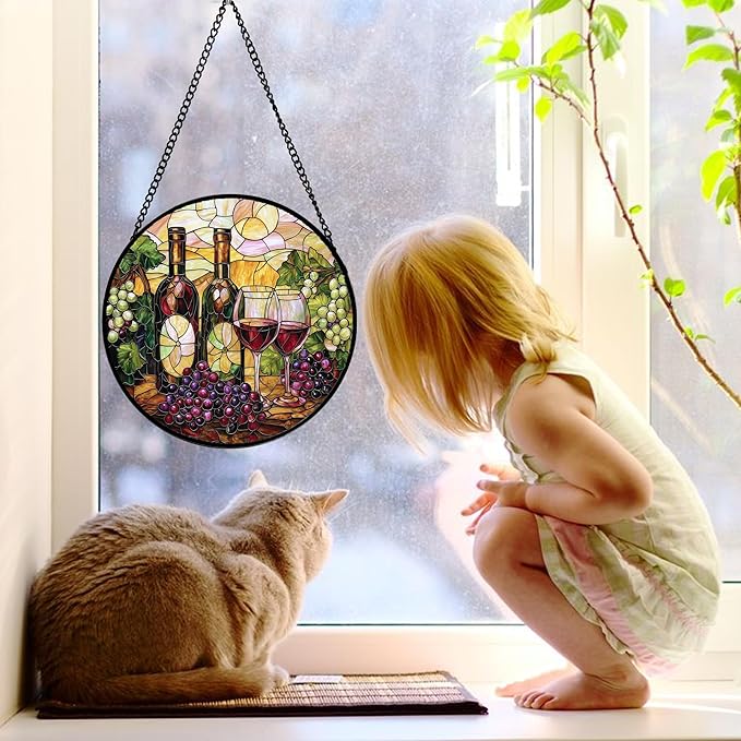 Stained Glass Window Hanging, Grapes and Wine Suncatcher Diamond Glass Panel Hangings Sun Catchers Decor for Birthday for Women, Men, Wife, Aunt, and Mom 7.8 in