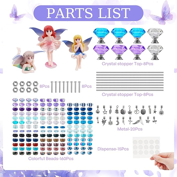 200+ Pcs Beaded Garden Stakes, DIY Fairy Wand Garden Stake Beads Kits with 160 Colorful Round Large Hole Beads with 8 Crystal Stopper Top, 8 Threaded Rod and 3 Garden Fairy for Outdoor Decoration